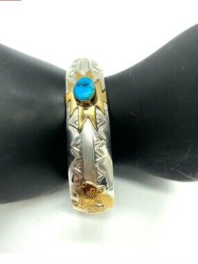 Silver & 14k Gold Cuff Bracelet with Turquoise Stone